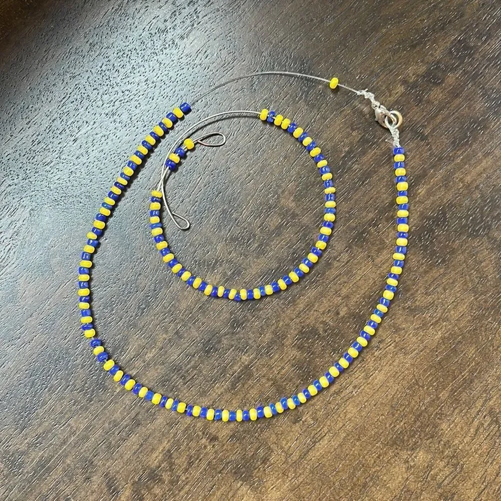 Blue/Gold beaded choker and bracelet (handmade)
